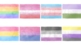水彩風と線画のかわいい無料フリー素材　LGBT＋のシンボルカラーの旗のイラスト