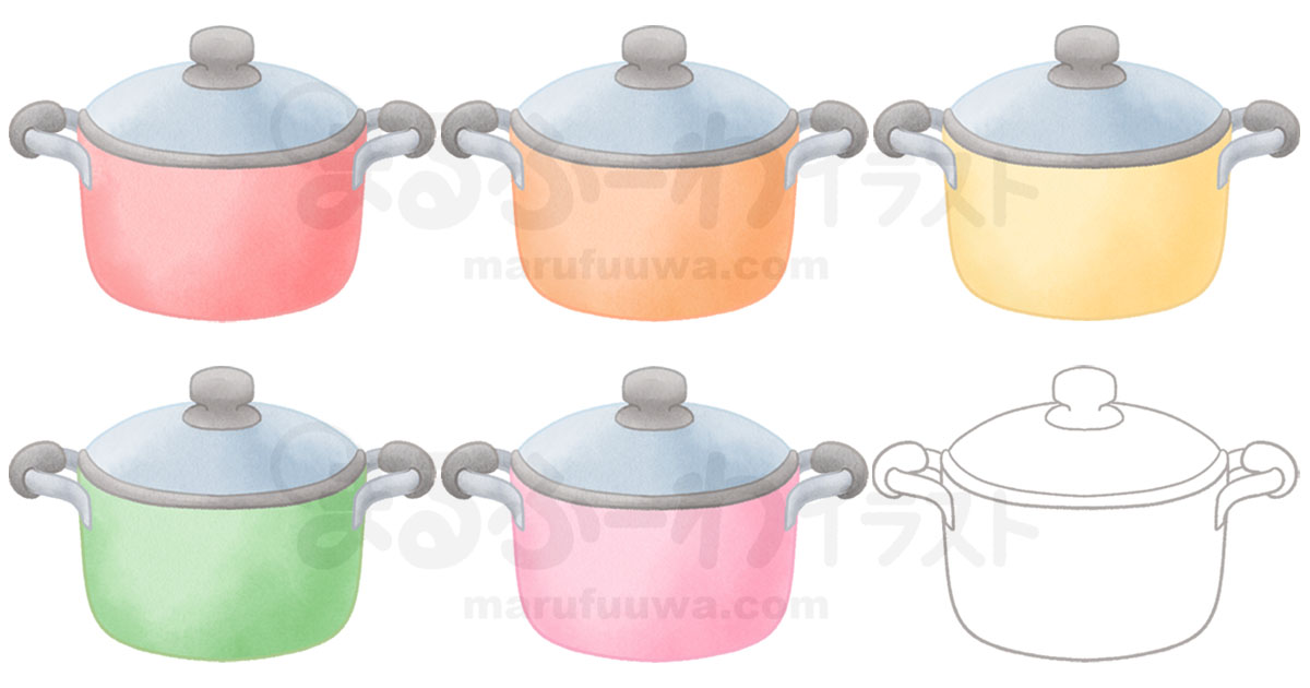 水彩風と線画のかわいい無料フリー素材　蓋つきの両手鍋のイラスト