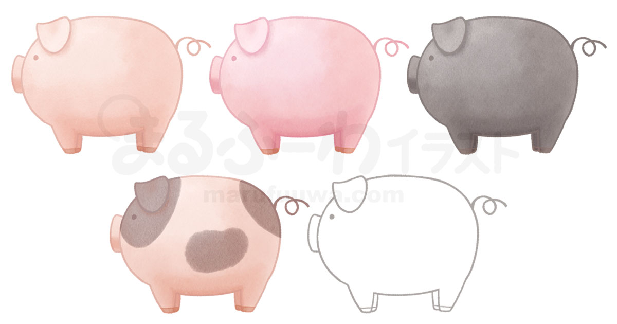水彩風と線画のかわいい無料フリー素材　豚のイラスト