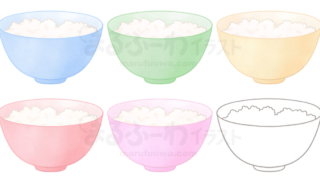 水彩風と線画のかわいい無料フリー素材　茶碗に盛られた白ご飯のイラスト