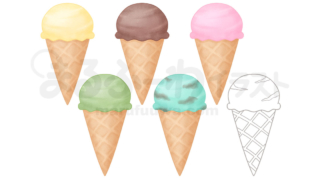 水彩風と線画のかわいい無料フリー素材　ワッフルコーンに入ったアイスクリームのイラスト