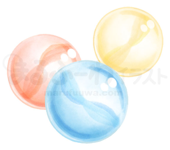 水彩風無料フリー素材のサンプル　青と赤と黄色のビー玉のイラスト