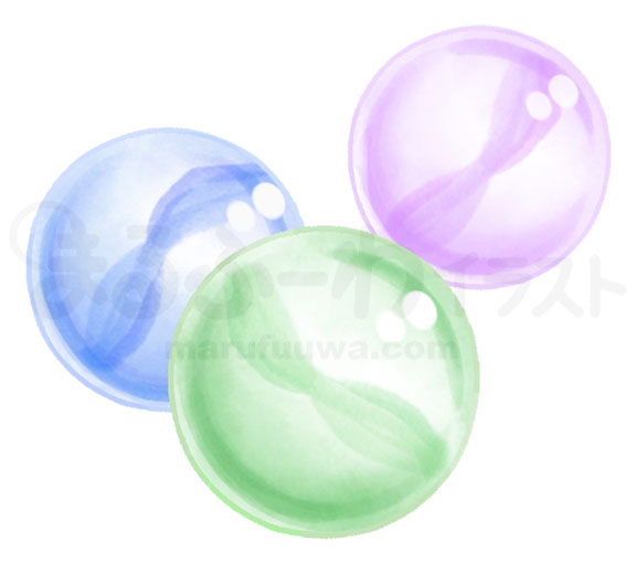 水彩風無料フリー素材のサンプル　青と緑と紫のビー玉のイラスト