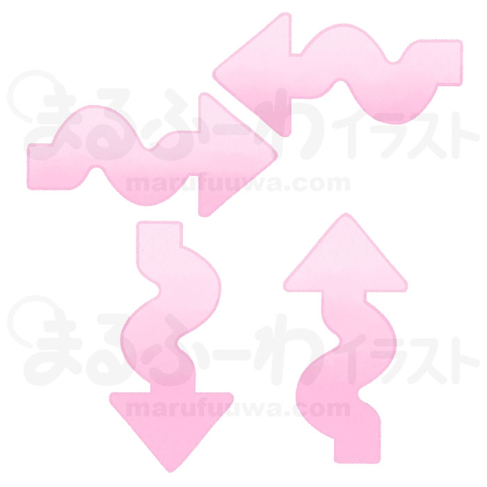 水彩風の無料フリー素材　ピンクの波線の矢印のイラスト　サンプル