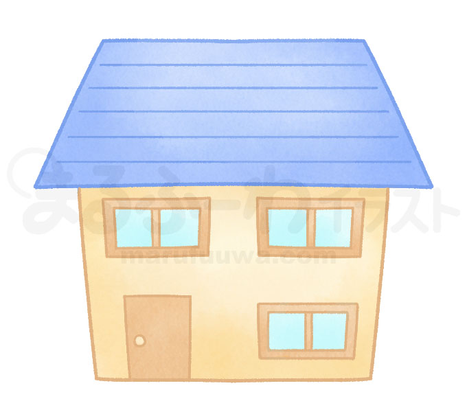 水彩風の無料フリー素材　青い屋根の家のイラスト　サンプル