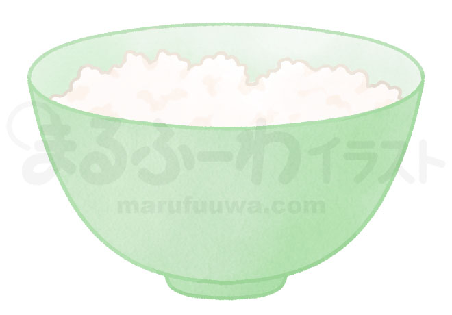 水彩風無料フリー素材のサンプル　緑の茶碗に盛られたご飯のイラスト