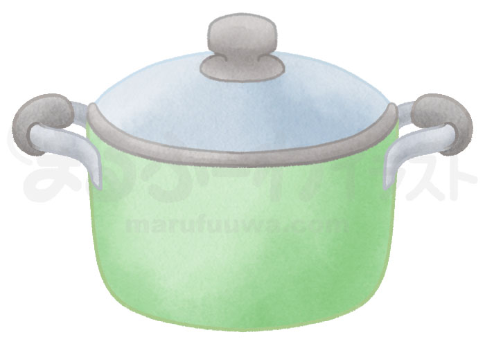 水彩風の無料フリー素材　蓋つきの緑の両手鍋のイラスト　サンプル