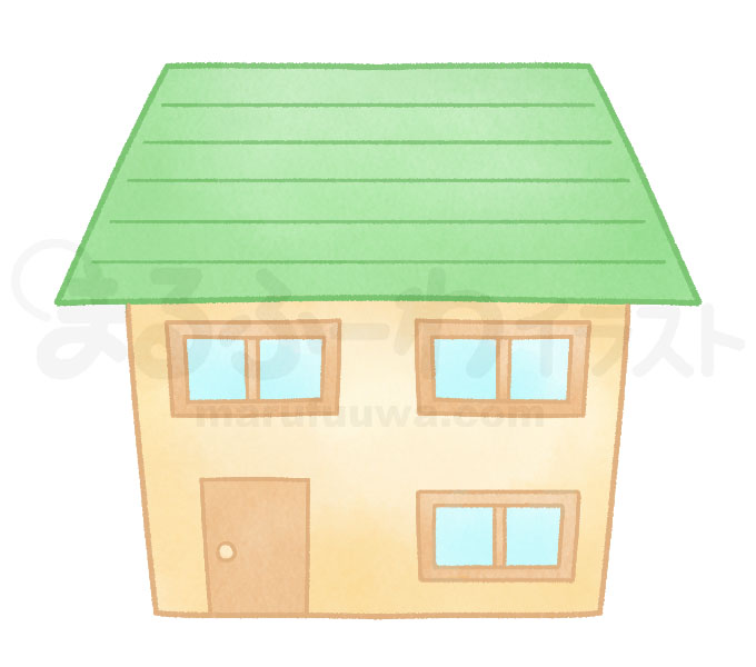 水彩風の無料フリー素材　緑の屋根の家のイラスト　サンプル