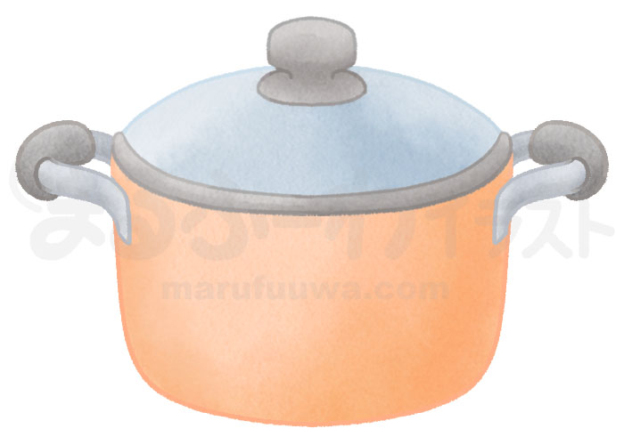 水彩風の無料フリー素材　蓋つきのオレンジの両手鍋のイラスト　サンプル
