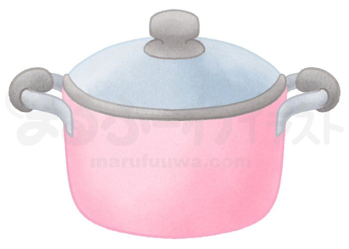 水彩風の無料フリー素材　蓋つきのピンクの両手鍋のイラスト　サンプル