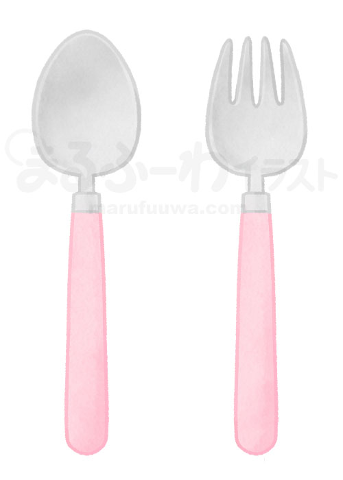 水彩風の無料フリー素材　ピンクの持ち手のスプーンとフォークのセットのイラスト　サンプル