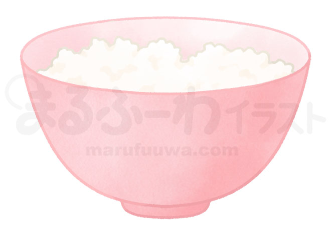 水彩風無料フリー素材のサンプル　赤い茶碗に盛られたご飯のイラスト