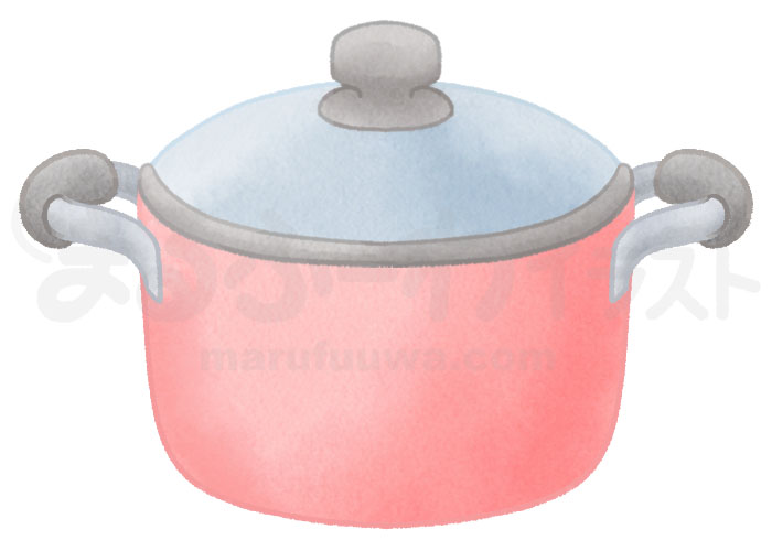 水彩風の無料フリー素材　蓋つきの赤い両手鍋のイラスト　サンプル