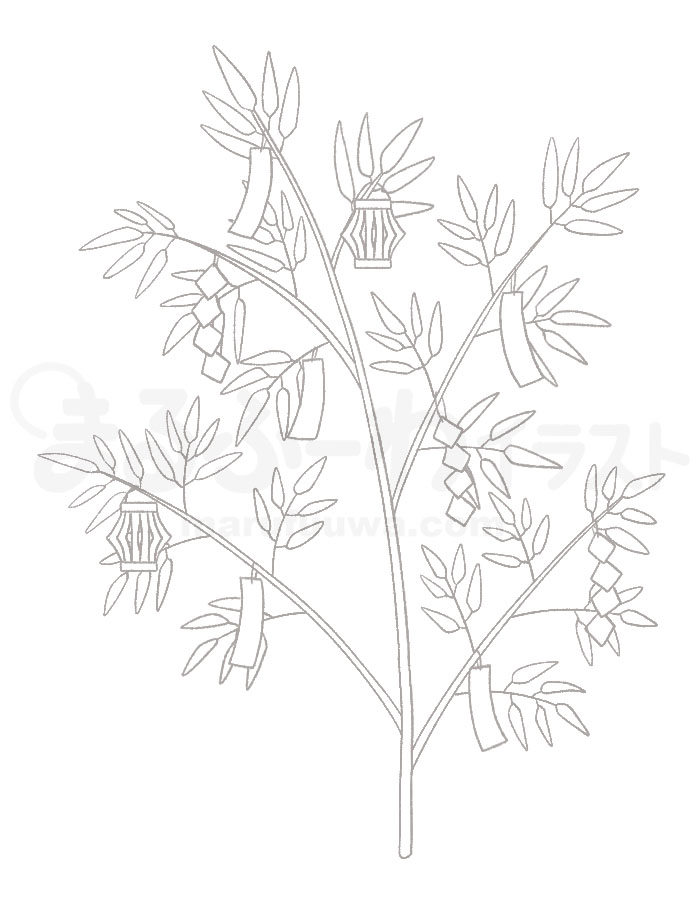 白黒線画の無料フリー素材のサンプル　七夕飾りのついた笹のイラスト