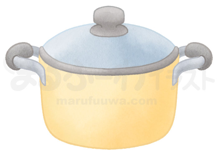 水彩風の無料フリー素材　蓋つきの黄色い両手鍋のイラスト　サンプル