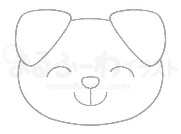 白黒線画の無料フリー素材のサンプル　にっこりしている子犬の顔のイラスト