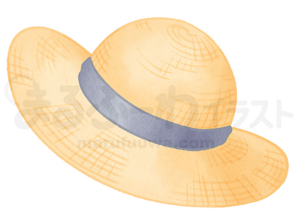 水彩風無料フリー素材のサンプル　黒いリボンの麦わら帽子のイラスト