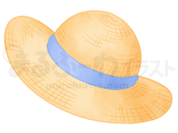 水彩風無料フリー素材のサンプル　青いリボンの麦わら帽子のイラスト