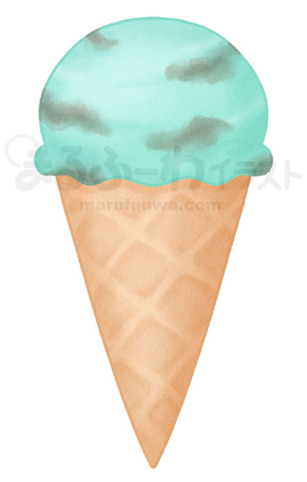 水彩風無料フリー素材のサンプル　ワッフルコーンに入ったチョコミント味のアイスクリームのイラスト