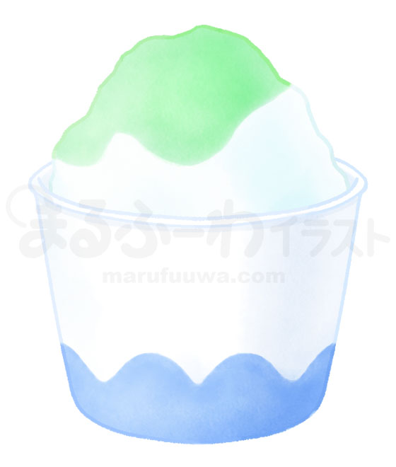 水彩風無料フリー素材のサンプル　紙カップに入ったメロンシロップのかき氷のイラスト