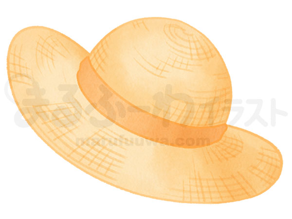 水彩風無料フリー素材のサンプル　オレンジのリボンの麦わら帽子のイラスト