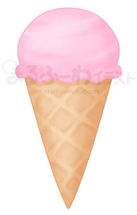 水彩風無料フリー素材のサンプル　ワッフルコーンに入ったいちご味のアイスクリームのイラスト