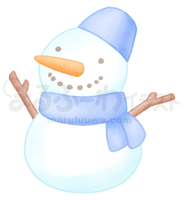 水彩風無料フリー素材のサンプル　青い帽子とマフラーの雪だるまのイラスト