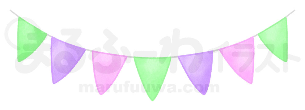 水彩風無料フリー素材のサンプル　蛍光緑と紫とピンクの、ハロウィンカラーの三角のガーランドのイラスト
