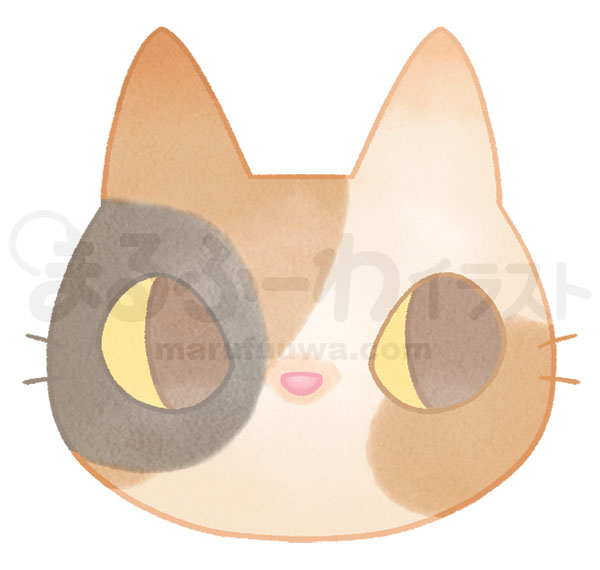水彩風無料フリー素材のサンプル　三毛猫の顔のイラスト
