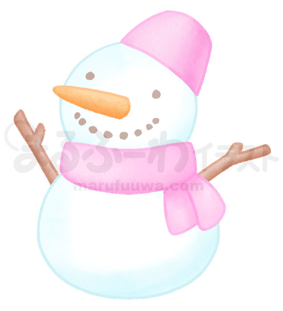 水彩風無料フリー素材のサンプル　ピンクの帽子とマフラーの雪だるまのイラスト