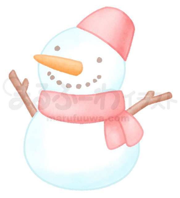 水彩風無料フリー素材のサンプル　赤い帽子とマフラーの雪だるまのイラスト