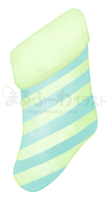 水彩風無料フリー素材のサンプル　青と緑のボーダーのクリスマスの靴下のイラスト