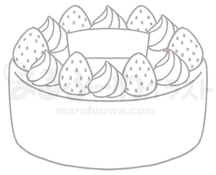 白黒線画の無料フリー素材のサンプル　チョコプレートが乗ったホールのいちごケーキのイラスト