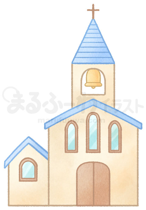 水彩風無料フリー素材のサンプル　青い屋根の教会のイラスト