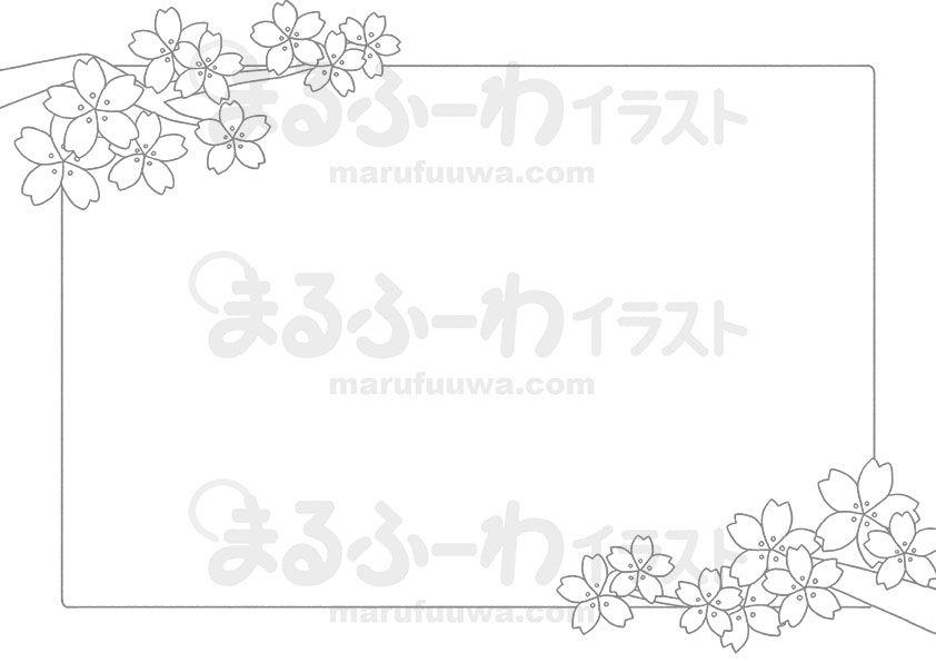 白黒線画の無料フリー素材のサンプル　四角い枠がついた桜のフレームのイラスト