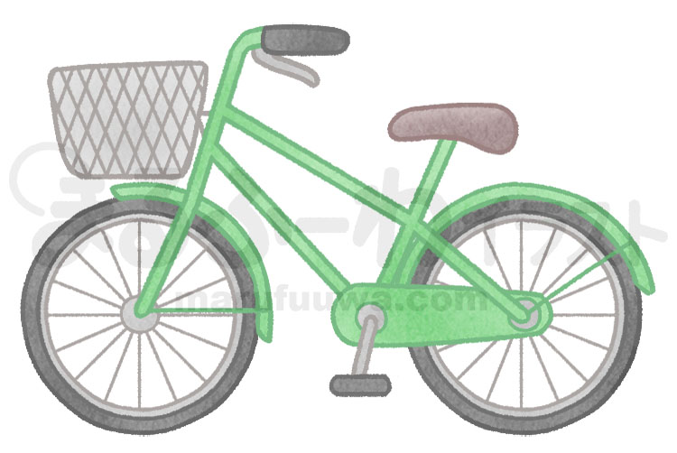 水彩風無料フリー素材のサンプル　カゴがついた緑の自転車のイラスト