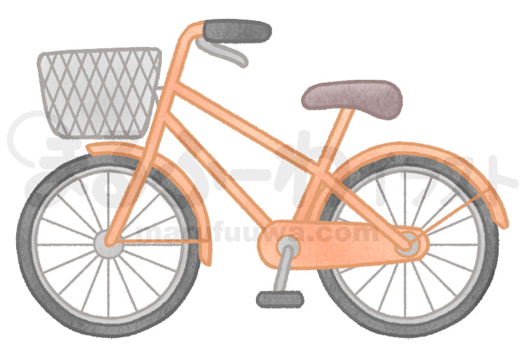水彩風無料フリー素材のサンプル　カゴがついたオレンジの自転車のイラスト