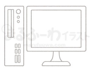 白黒線画の無料フリー素材のサンプル　デスクトップパソコンとディスプレイのイラスト